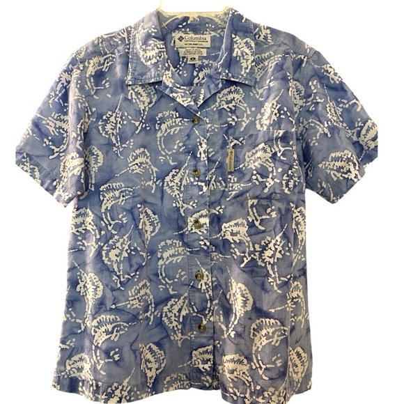 COLUMBIA button down top, short sleeves, blue and white 100% cotton.Coastal. - Picture 1 of 5
